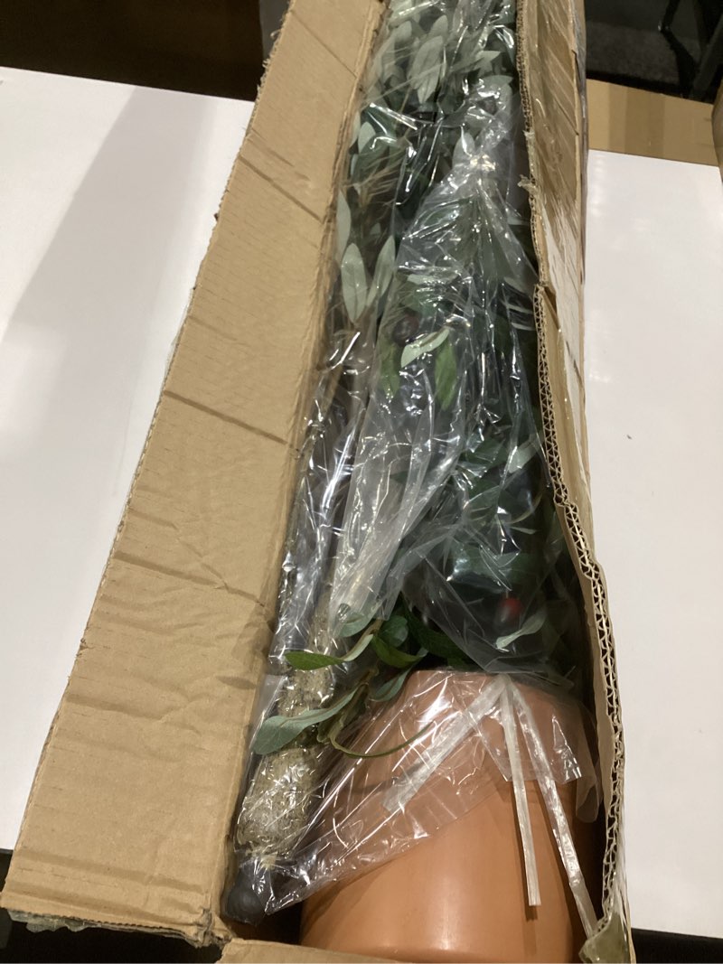 Condition photo showing New/Like New for 7FT Artificial Olive Tree Indoor Tall Realistic Faux Olive Tree with Plastic Planter, Fake Silk Tree with Handcrafted Branches & Fruits, Large Fake Plant for Home and Office Decor