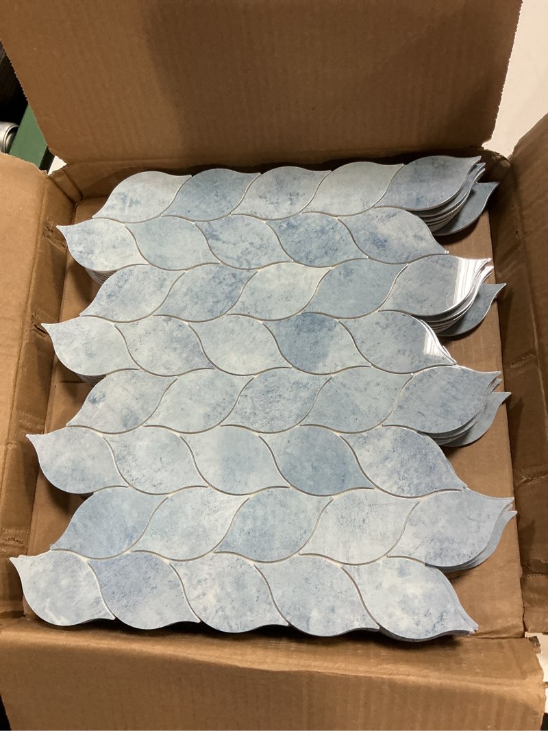 Condition photo showing Good Condition for tilingview 10-sheet peel and stick backsplash tile for kitchen, self-adhesive mosaic glossy leaf stick on wall tile with gaps (pastel blue) 10 leaf gaps pastel blue