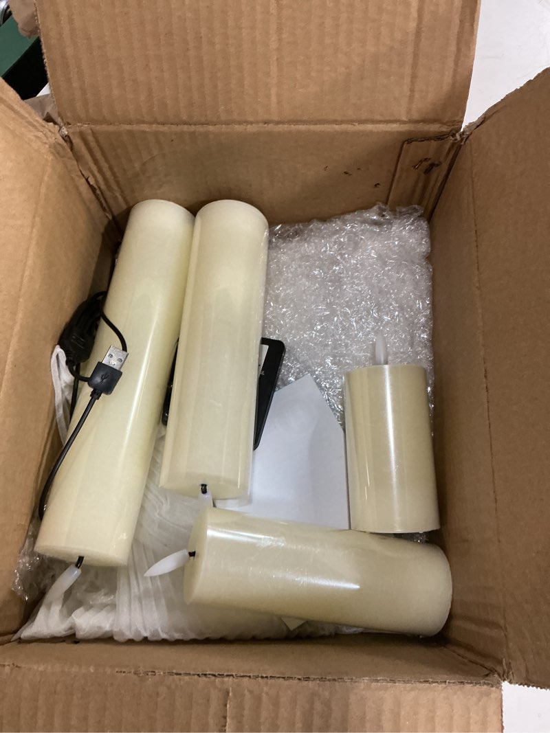 Condition photo showing As Is for rechargeable flameless flickering tall wax remote 2.2" x4" 6" 8" 10" ivory candles, timer set of 4 led battery operated fake warm light pillar candles(included usb charging cable with 2 ports)