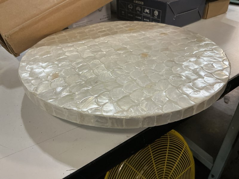 Condition photo showing As Is for 12 inch capiz lazy susan, decorative lazy susan turntable centerpiece for dining table, kitchen counter, round mother of pearl capiz shell spinning tray for countertop & tabletop (white)
