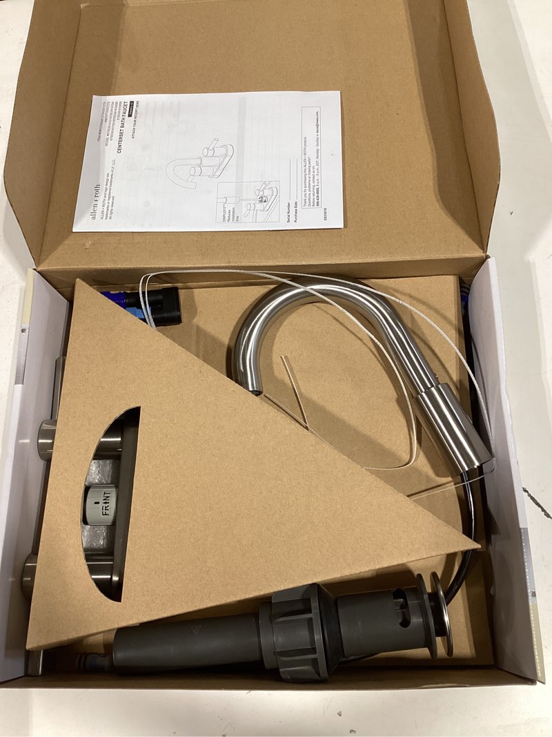 Condition photo showing As Is for allen + roth harlow simplefit brushed nickel pvd 4-in centerset 2-handle watersense mid-arc residential handle bathroom sink faucet with drain with deck plate