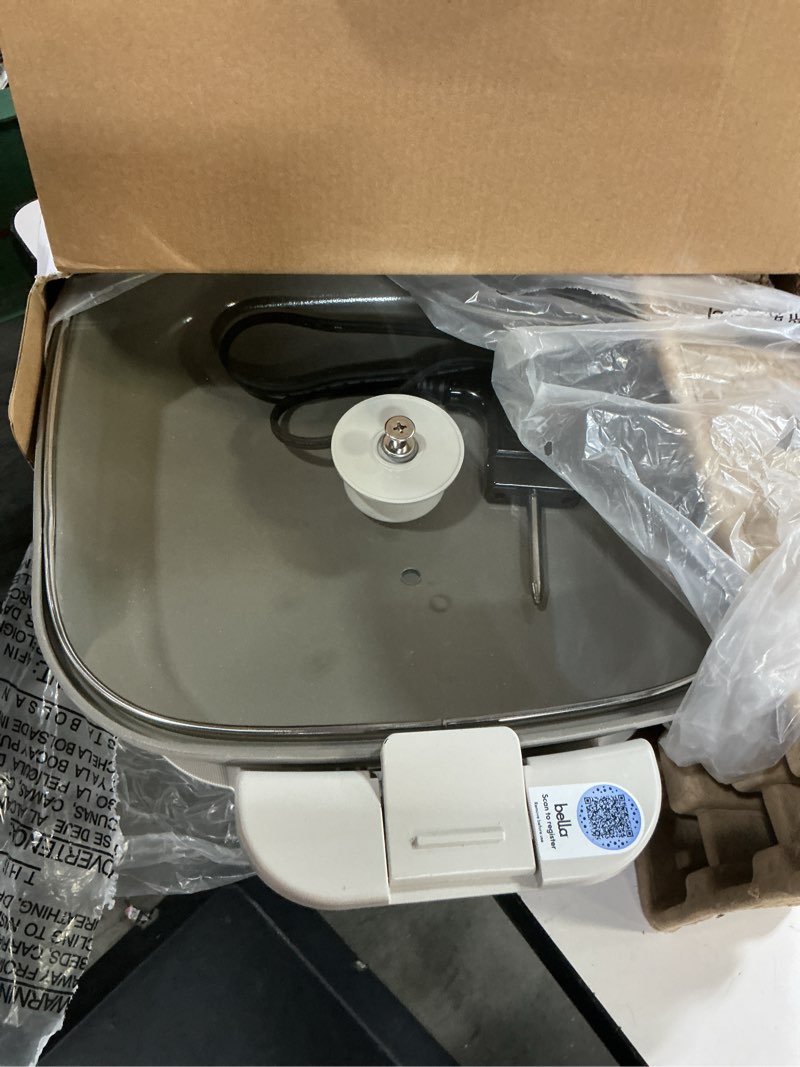 Condition photo showing As Is for bella make & take electric skillet, fits-anywhere™ kitchenware, evergood™ ceramic coating, adjustable temperature & dishwasher-safe tempered glass lid, cast aluminum base, 1200 watt, oatmilk