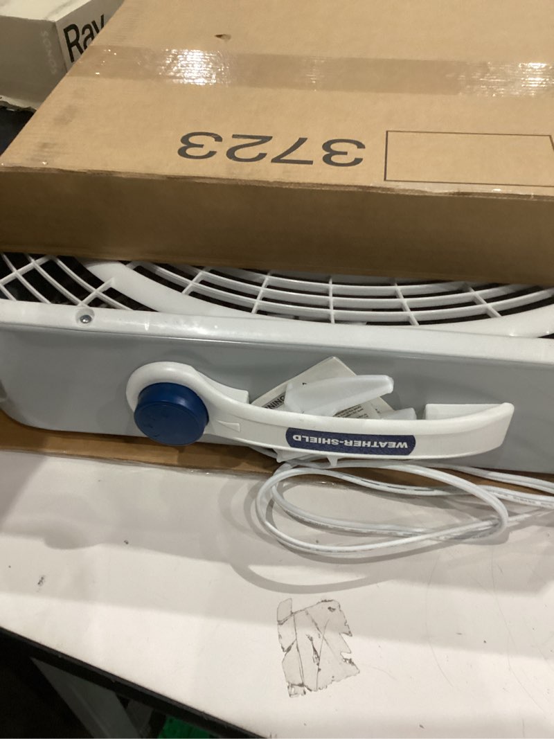 Condition photo showing Good Condition for Lasko Weather-Shield Performance Box Fan, 3 Speeds, Innovative Wind Ring System for Up to 30% More Air, Carry Handle for Bedroom, Office, Home, 20 Inch, White, 3720 1