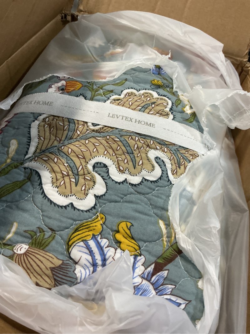 Condition photo showing Good Condition for levtex home angelica reversible king/cal king quilt set (106x92in) and 2 pillow shams (36x20) - bedding - blue grey, coral - cotton king size quilt bedding set - lightweight, soft, pre-washed grey quilt - king