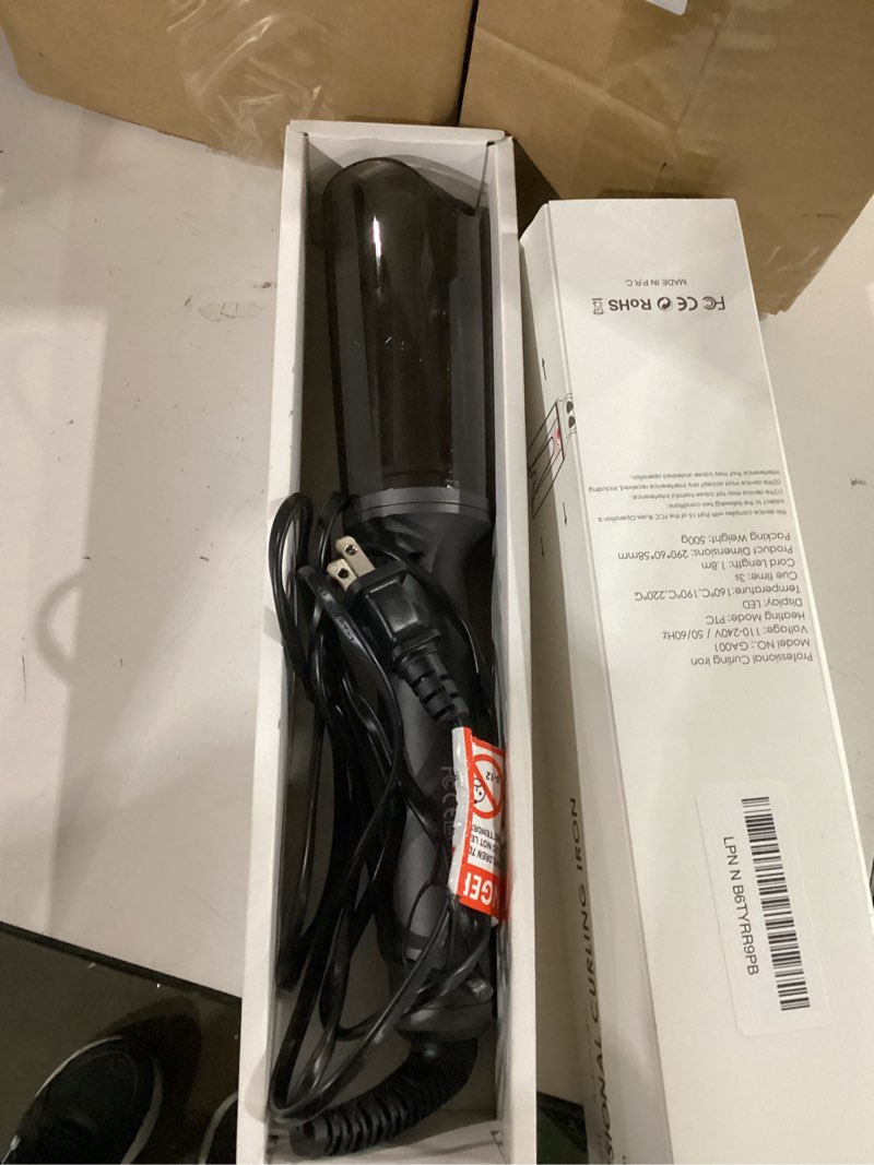 Condition photo showing New/Like New for automatic rotating curling iron, hair curler with 3 temps fast heating, 2-way rotating 1 inch curling wand, ceramic coating, ionic, anti-scald, anti-tangle, dual voltage auto shut-off (gray) gray 1 inch