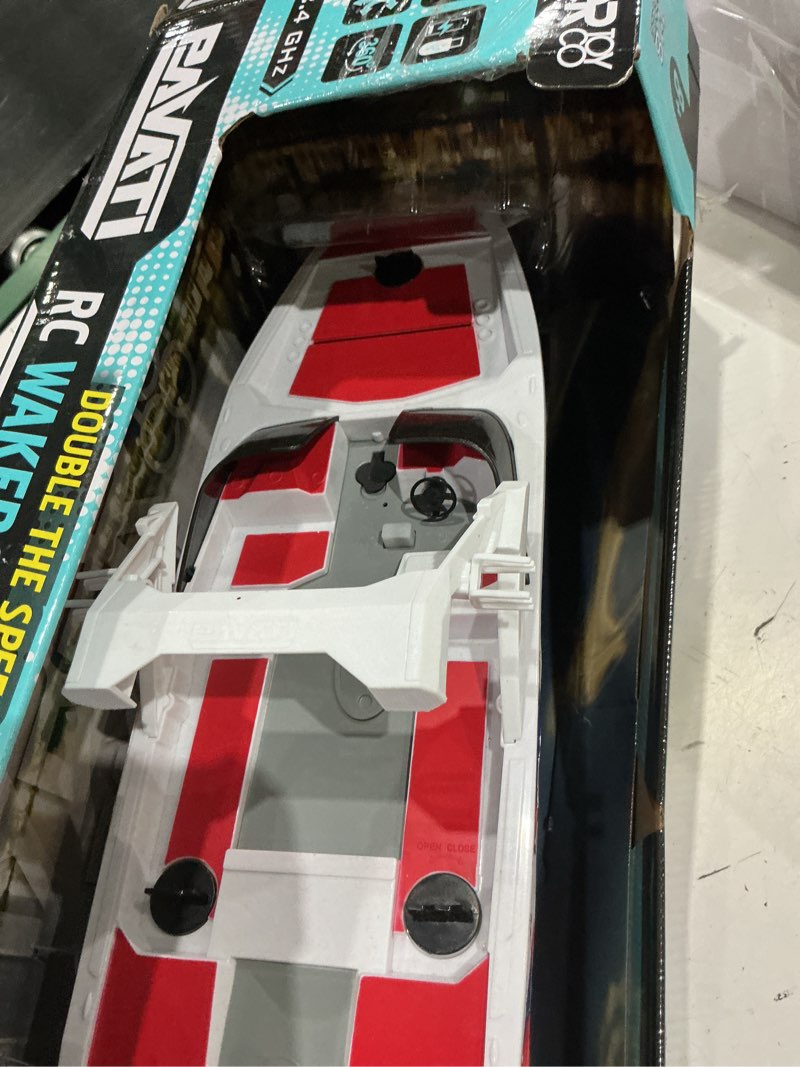 Condition photo showing As Is for hyper toy company, pavati 2.0 rc wakeboard boat, 1:18 scale with remote and battery, stars/stripes