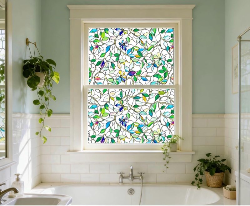 Stained Glass Window Film UV Resistant Window Privacy Film Lotus Floral Privacy Rainbow Decals Living Room Bedroom Sun Blocking Decor Removable Static Cling Stickers 17 x 78.74 Inch