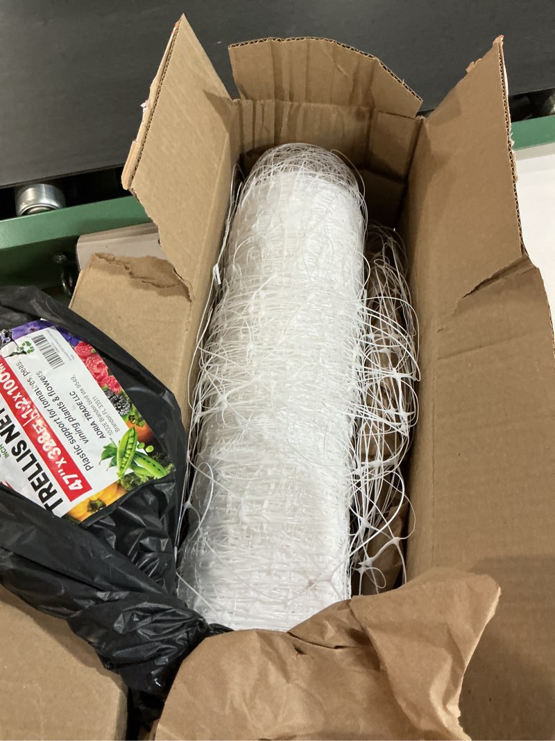 Condition photo showing As Is for Plastic Trellis Netting 47" x 328 ft Heavy Duty Plant Support Netting White - 6 Inch Garden Trellis on Roll - Mesh for Growing Vine Climbing Plants, Flowers, Peas, and Cucumber 47''x328ft Plastic Trellis Netting