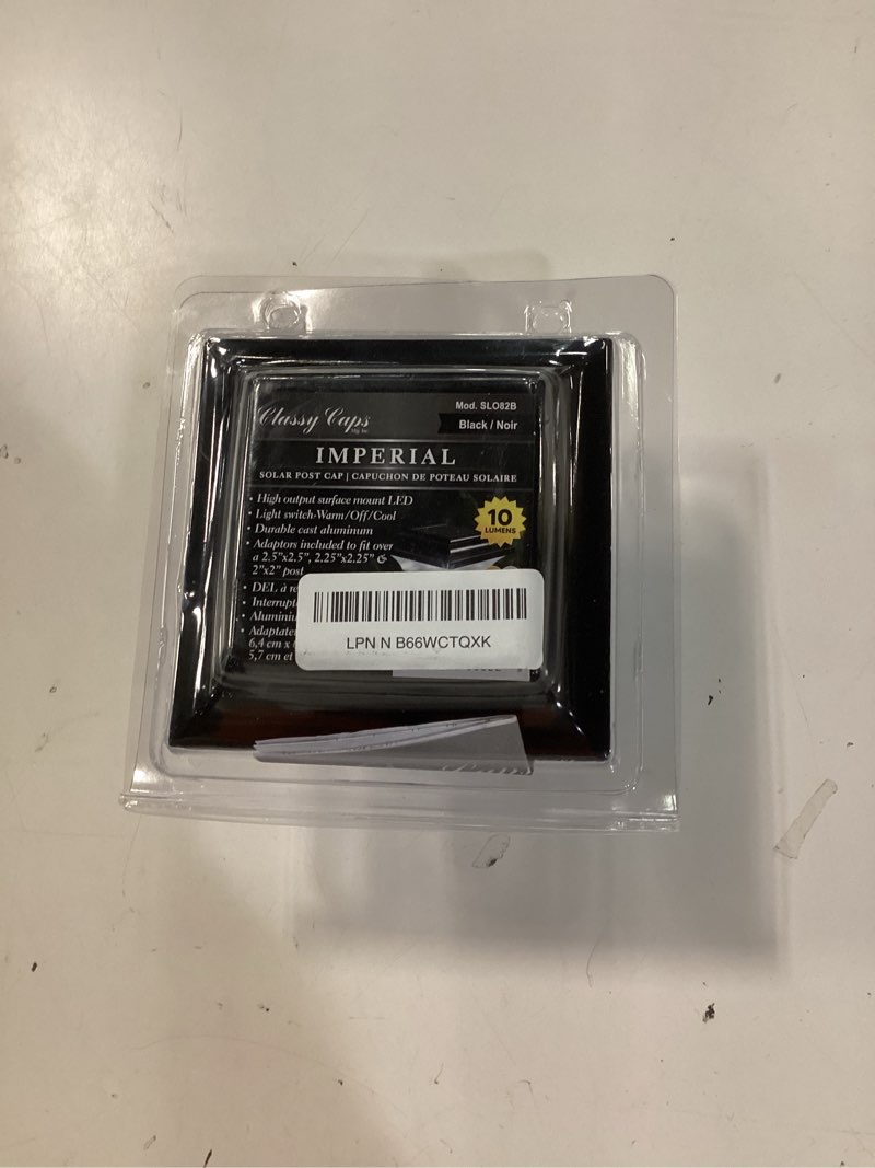 Condition photo showing New/Like New for classy caps imperial solar post cap - black slo82b – fits 2"x2", 2.25"x2.25", and 2.5"x2.5" post sizes, high-performance solar led, durable cast aluminum construction, warm & cool light modes 2.5" x 2.5" cap