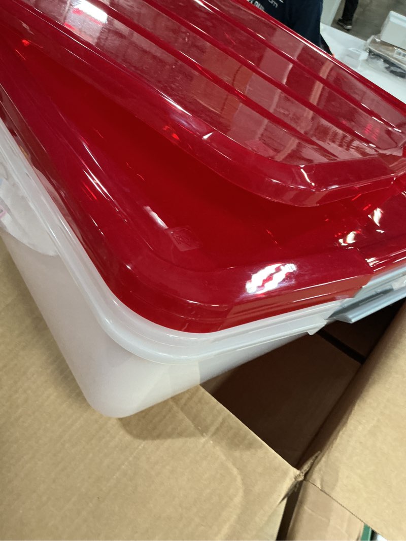 Condition photo showing Good Condition for iris usa 33 quart christmas wreath storage container box with lid, 3-pack, stackable under bed storage organizer bin with latching buckles for 20" wreaths christmas decorations garlands, clear/red 20" wreath - 3-pack