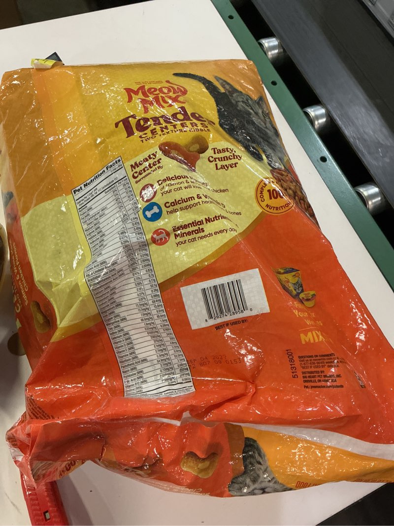 Condition photo showing As Is for bb 9/4/27 meow mix tender centers salmon & white meat chicken flavors, dry cat food, 14.2 lb. bag salmon & chicken 14.2 pound (pack of 1)