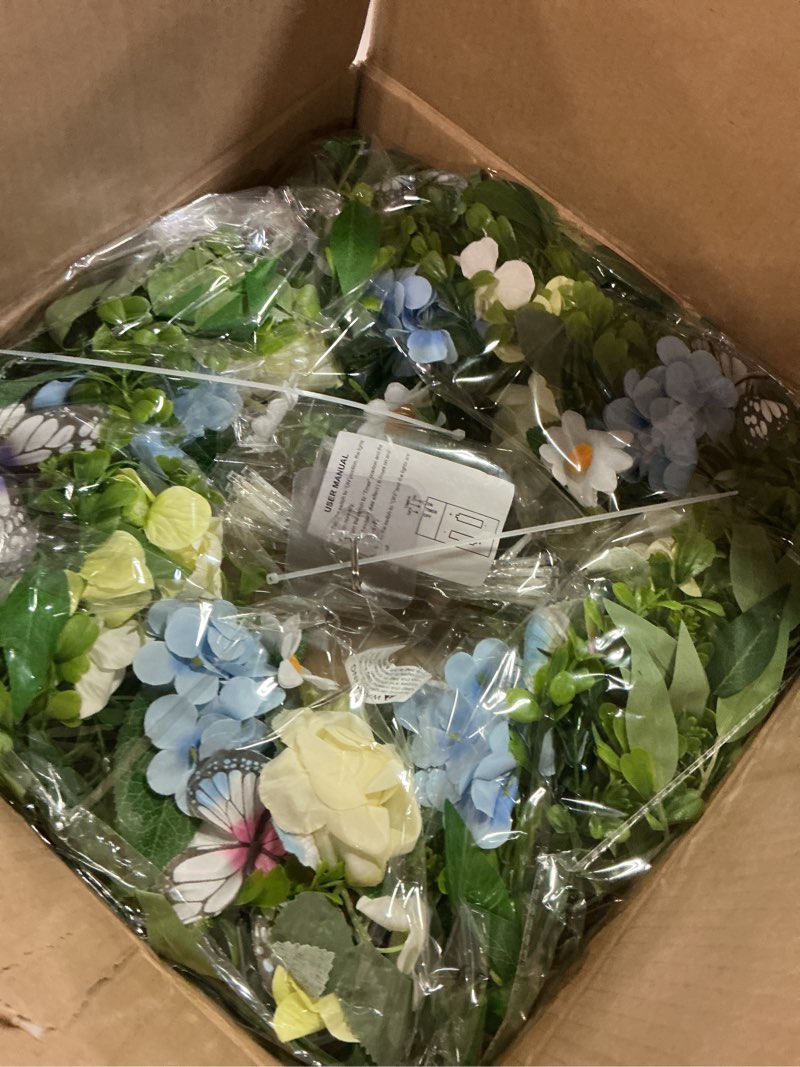 Condition photo showing New/Like New for [lighted & timer] 24" spring summer wreaths for front door blue hydrangea wreath with lights butterfly rose daisies artificial floral wreath for home wall window farmhouse wedding indoor outdoor decor