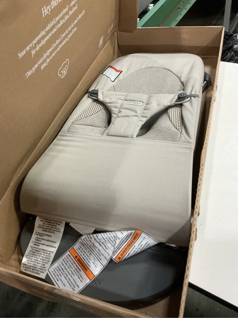 Condition photo showing As Is for babybjörn bouncer balance soft, tri-fabric, sand grey | 2-in-1 adjustable baby bouncer seat and toddler chair, newborn to toddler (8-29 lbs), 4 positions, lightweight & portable sand gray woven/jersey, tri-fabric