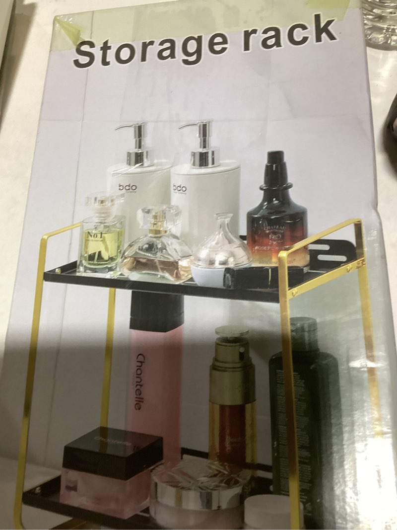 2-Tier Black Carbon Steel Bathroom Counter Organizer - Skincare Cosmetic Display Tray for Perfume, M
