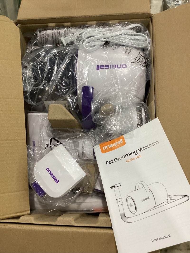Condition photo showing Good Condition for oneisall dog grooming vacuum kits: 15000pa shedding brush with grooming tools, 3 suction low noise, pet grooming vacuum for thick and undercoat, 1.5l dust cup dog hair vacuum, home cleaning, lm5