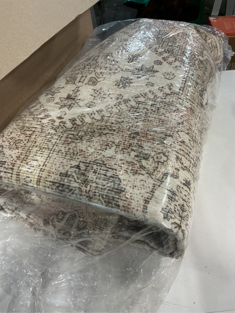 Condition photo showing Good Condition for Washable Area Rugs for Living Room: 8x10 Bedroom Area Rugs Boho Vintage Rugs Stain Resistant Non Slip Low Pile Soft Lightweight Carpet for Kitchen Dining Room Farmhouse Nursery Kids Room Home Office 8' x 10' (Rectangular) Brown and Cream