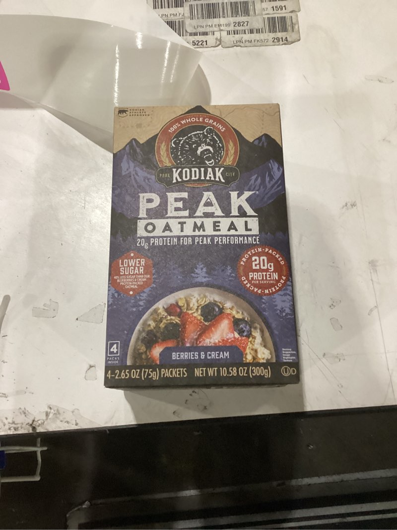 Condition photo showing New/Like New for Kodiak Peak Instant Oatmeal Packets, Berries & Cream, High Protein, 100% Whole Grains, 1 box with 4 packets