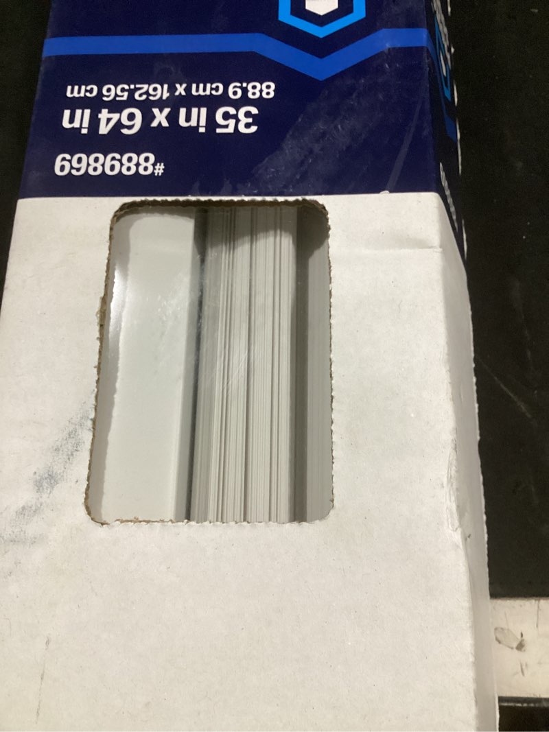 Condition photo showing As Is for project source light filtering 1-in slat width 35-in x 64-in cordless white vinyl light filtering mini-blinds