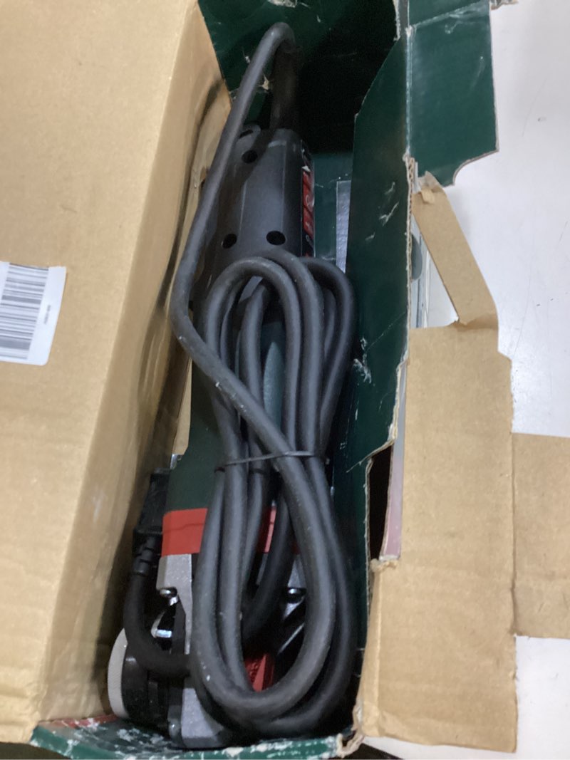 Condition photo showing As Is for metabo 6-inch angle grinder, 14.5 amp, 9,600 rpm, electronics, non-locking paddle switch, mechanical brake, m-brush, auto-balance, drop secure, wepba 19-150 q ds m-brush, 613117420, green