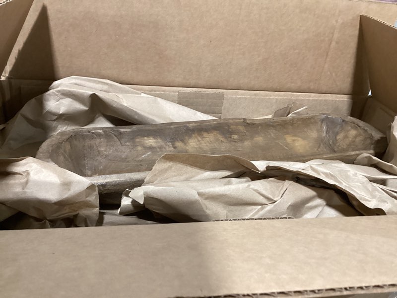 Condition photo showing Good Condition for MAINEVENT Decorative Wooden Dough Bowl Decor Approx 20 Inch, Spanish Oak Centerpiece Long Wood Dough Bowl, Made in USA 20 inch Waxed / Brown