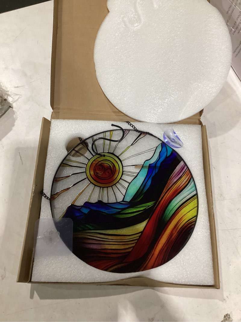 Condition photo showing Good Condition for sun mountains stained glass window hanging, 9.8’’sun catcher glass panel boho wall art decor with chain, hand painted round glass gifts for couples, housewarming gift