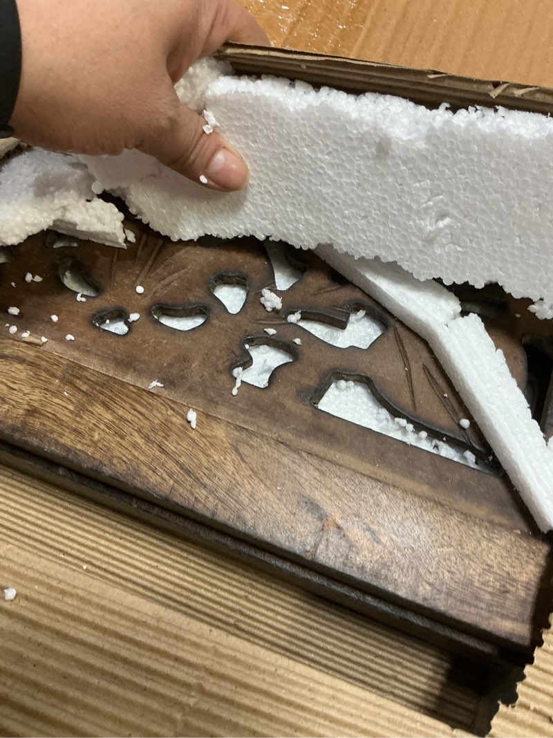 Condition photo showing As Is for Lightnpro Carved Wooden Dog Gate - Extra-Wide Freestanding Foldable Indoor Pet Barrier, Decorative Safety Gate for Dogs & Puppies, Perfect for Stairs, Doorways & Hallways - 24x54 Inch Natural Burnt 24x54 - Ember Natural Burnt Circle