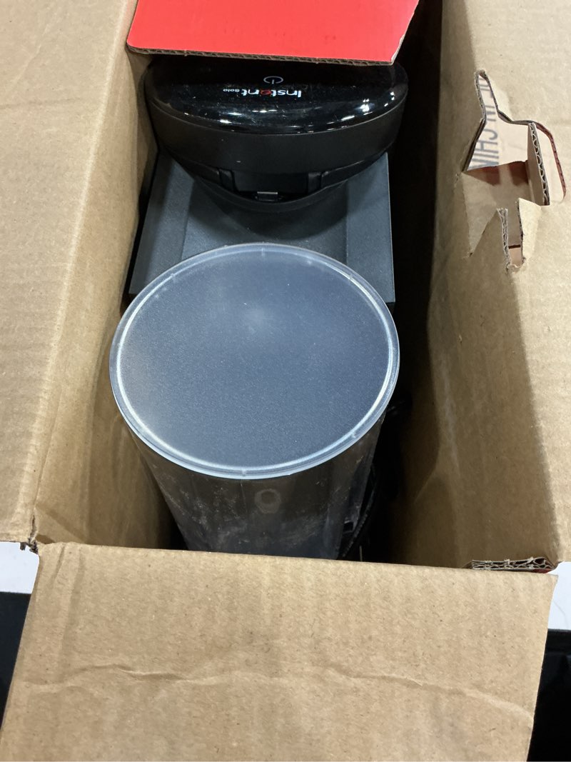 Condition photo showing As Is for instant solo single serve coffee maker, from the makers of instant pot, k-cup pod compatible coffee brewer, includes bold setting and 40oz. water reservoir, brew 8 to 12oz., black