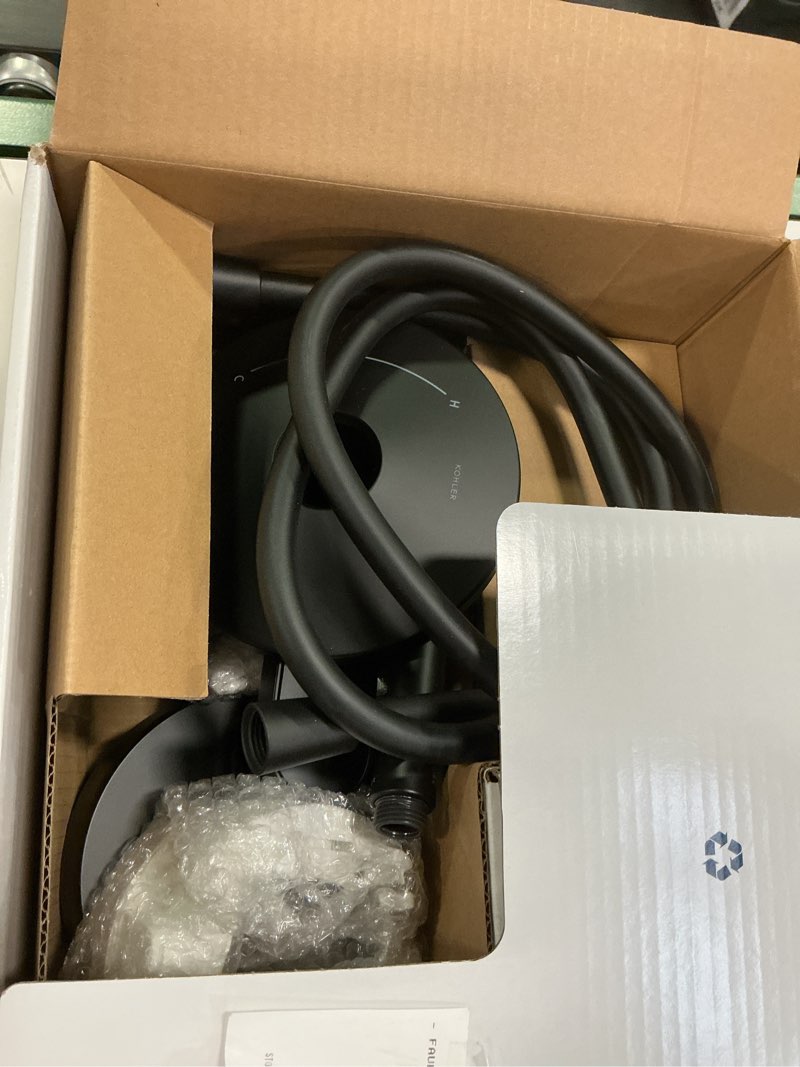 Condition photo showing As Is for  KOHLER Premise Rite-Temp Matte Black 1-handle 6-in Round Bathtub and shower Fauce