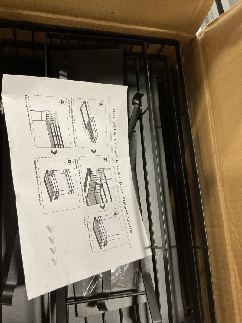 Condition photo showing New/Like New for Under Sink Organizer, 2 Packs 2 Tier Under Sink Organizers and Storage, Slide out Pull out Cabinet Organizer Shelf, Metal Sliding Drawer for Kitchen Bathroom Pantry Cabinet Closet Organization Rack Black 2 Pack