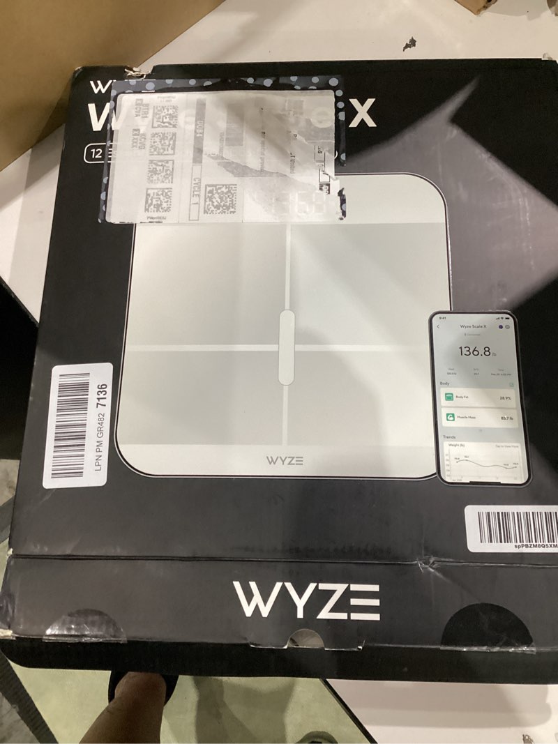 Condition photo showing New/Like New for wyze smart scale x - digital bathroom scale for body weight, bmi, body fat, muscle mass, heart rate monitor | ito glass & led backlight | batteries included, 400 lbs (white)