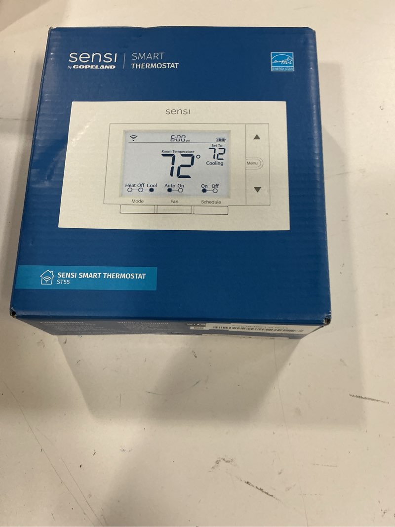 Condition photo showing New/Like New for sensi smart thermostat, 100 years of expertise, wi-fi, data privacy, programmable, easy diy install, works with alexa, energy star certified, mobile app, st55 diy thermostat