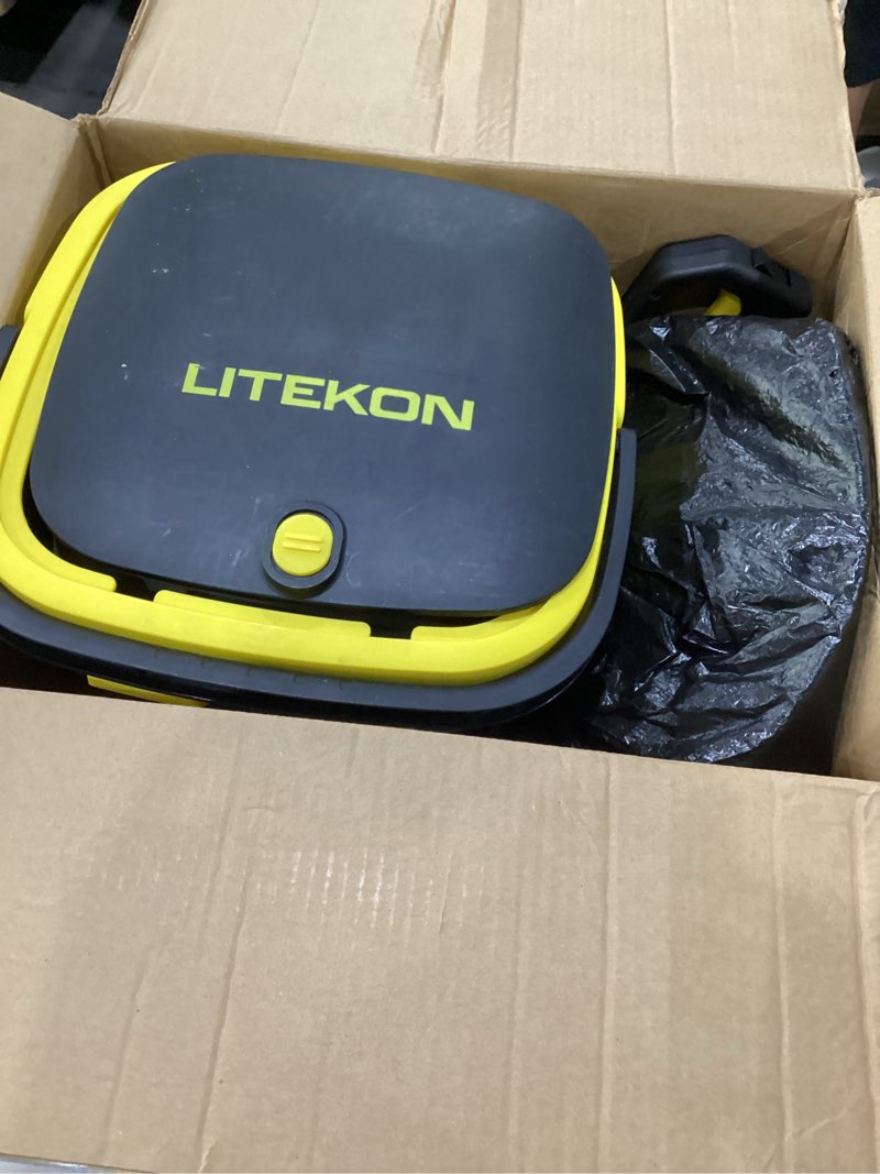 Condition photo showing As Is for litekon portable cordless washer, 2x5.0ah battery, 4 adjustable model with 4.5gal tank 10ft hose, 6-in-1 nozzle for car washer,patio,camping yellow