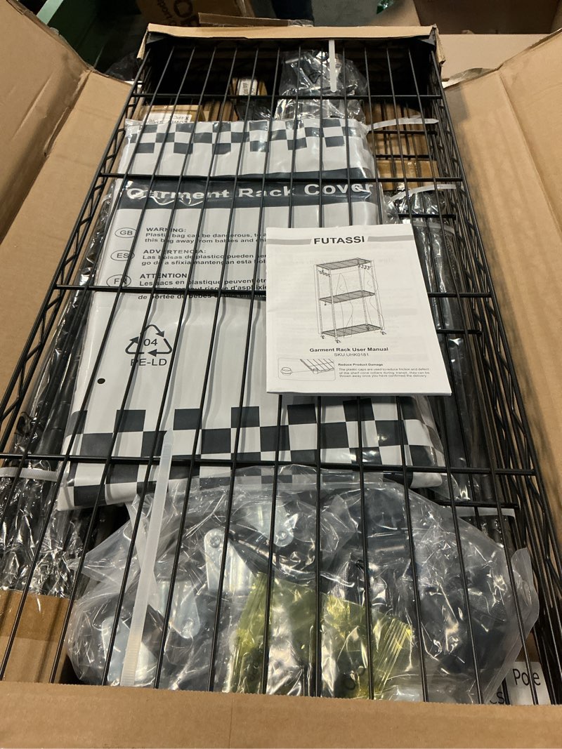 Condition photo showing New/Like New for futassi clothing rack with cover, p1c rolling closets with wheels, metal garment rack for hanging clothes, clothing storage wardrobe with cover, 36.2" w x 16.5" d x 80.5" h, black, load 450 pounds black rack with black cover