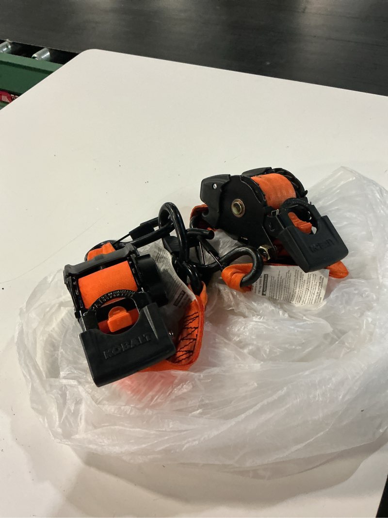 Condition photo showing As Is for kobalt 2-in x 10-ft retractable ratchet strap with s-hook 3000-lb break strength 2 -pack