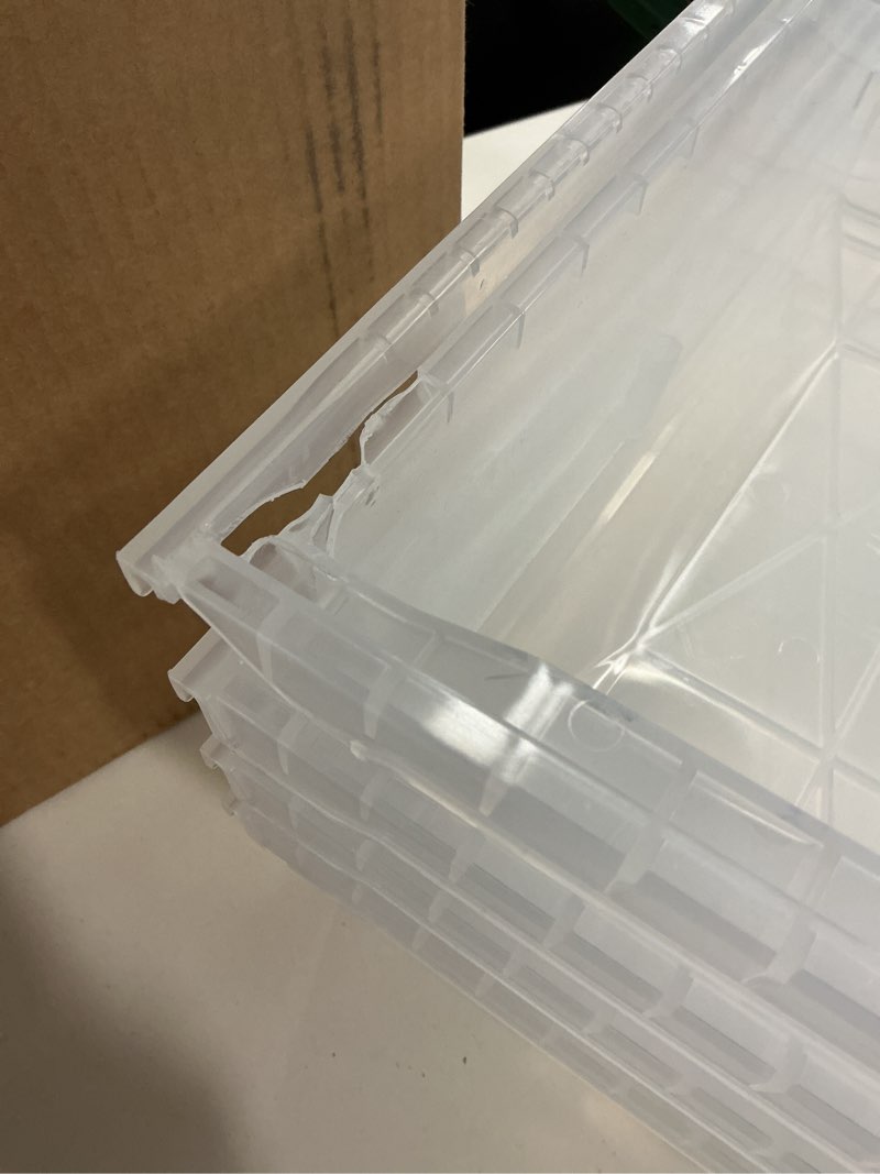 Condition photo showing As Is for (Damaged)Plastic Containers for Organizing and Storage Bins for Closet, Kitchen, Office, Garage or Pantry Organization, Stackable Bins, Extra Large (14.8\" x 16.5\" x 7\"), 4-Pack, Clear Clear Extra Large, 4-Pack