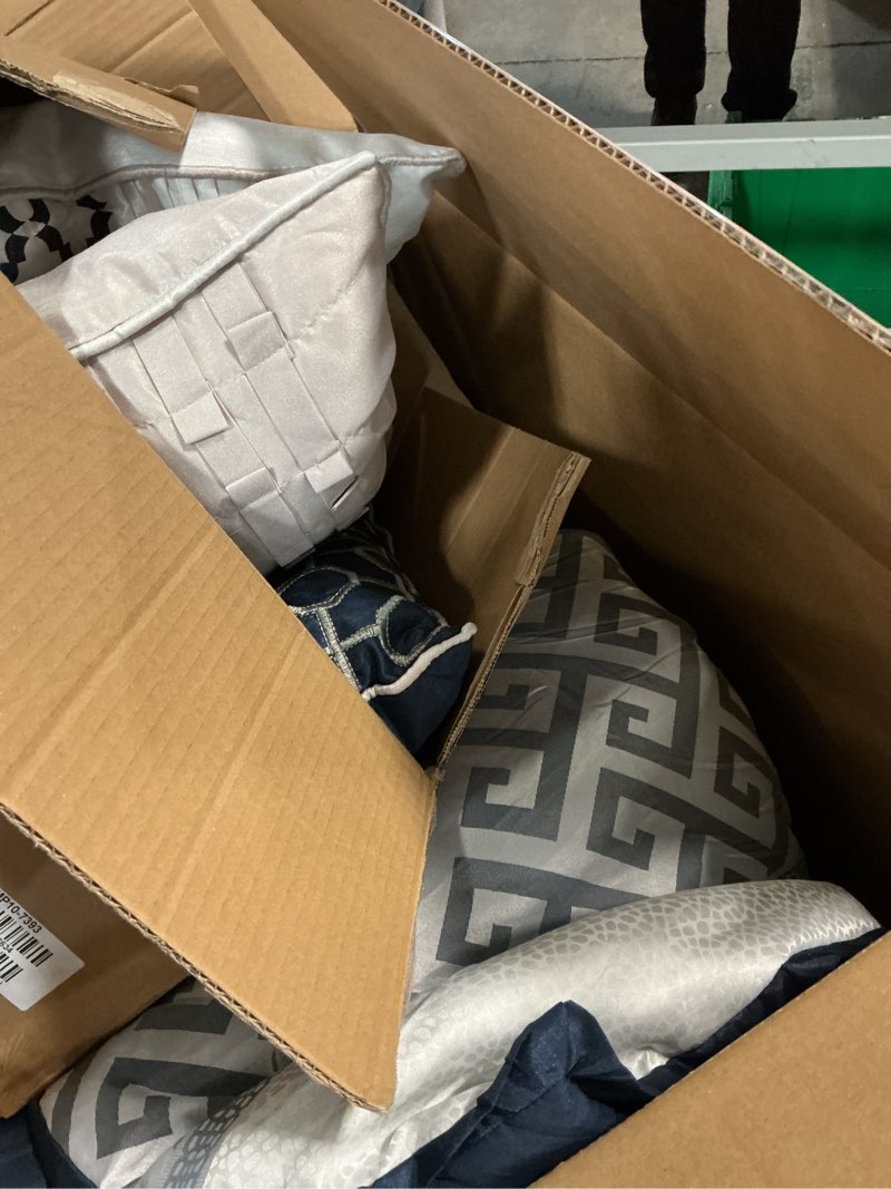 Condition photo showing As Is for Madison Park Luxury Comforter Set-Traditional Jacquard Design All Season Down Alternative Bedding, Matching Bedskirt, Decorative Pillows, King(104"x92"), Bennett, Geometric Navy 7 Piece Geometric Navy King(104"x92")