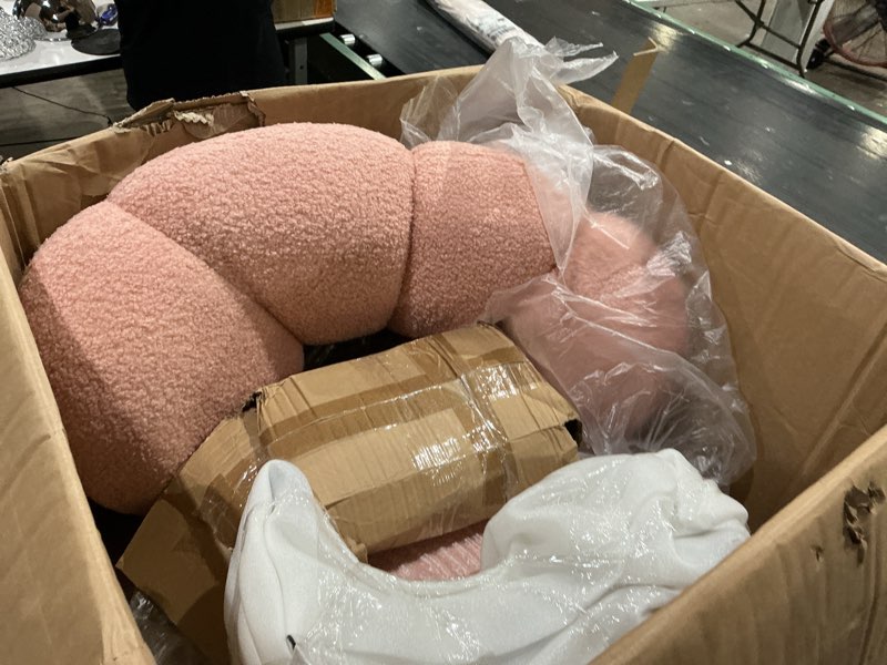 Condition photo showing As Is for yaheetech pink petal boucle makeup vanity desk chair with wheels, swivel | soft foam-padded boucle fabric fits vanity, bedroom, office or sewing desks; adjustable height, swivel wheels, fast assembly.
