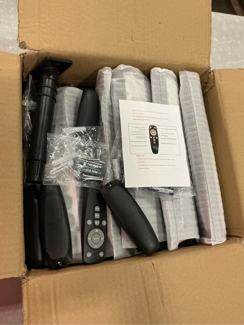 Condition photo showing Good Condition for solar street lights outdoor, waterproof motion sensor solar lights with remote control, 6500k dusk to dawn parking lot flood light for outside garage yard, 6 pack black 6pcs