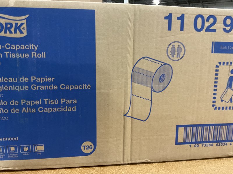 Condition photo showing New/Like New for tork high-capacity toilet paper roll white t26, advanced, 2-ply, 36 x 1000 sheets, 110292a dispenser