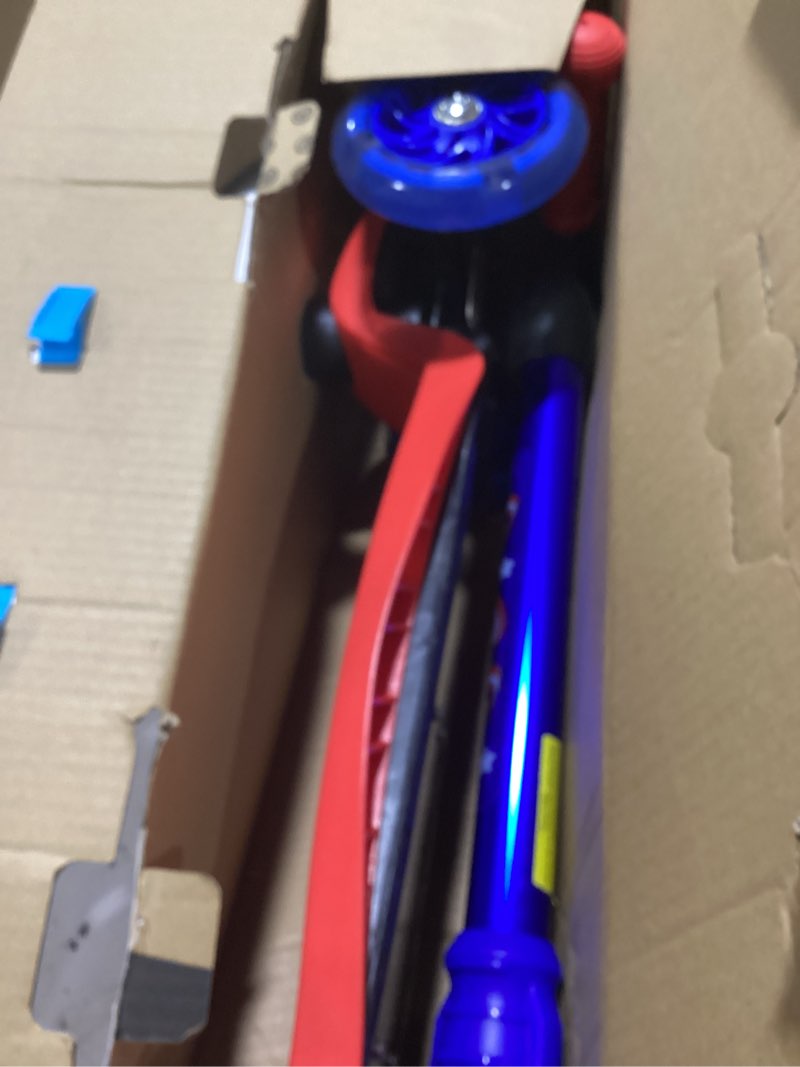 Condition photo showing As Is for 3 wheel scooter for kids ages 6-12,kids scooter with light up wheels, sturdy deck design, and 4 height adjustable suitable for kid ages 3-12 blue