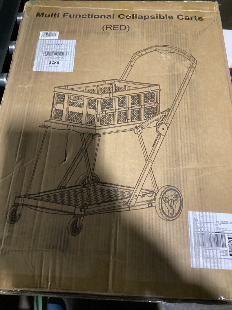 Condition photo showing Good Condition for collapsible shopping cart with wheels, 200 lbs capacity grocery cart on wheels with storage crate, platform hand truck with foot brake, red red cart