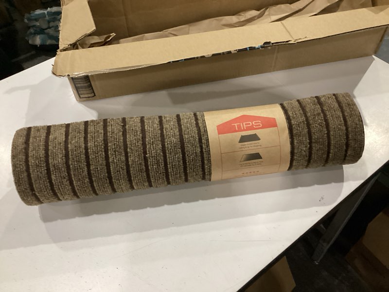 Condition photo showing Good Condition for 2' x 6' runner rugs with rubber backing, outdoor indoor utility non slip carpet rug runner for hallway, custom size area rugs mat for entryway balcony patio kitchen garage stair laundry stripe brown 2ft x 6ft