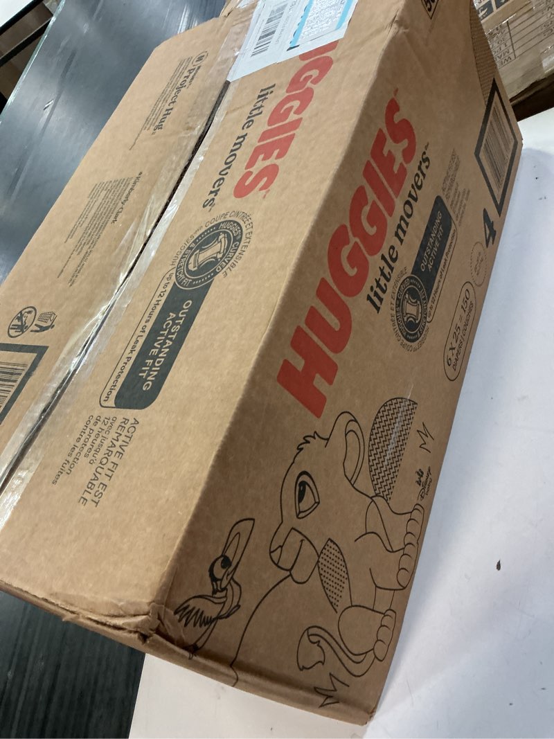 Condition photo showing New/Like New for huggies size 4 diapers, little movers baby diapers, size 4 (22-37 lbs), 150 count (6 packs of 25), packaging may vary size 4 150