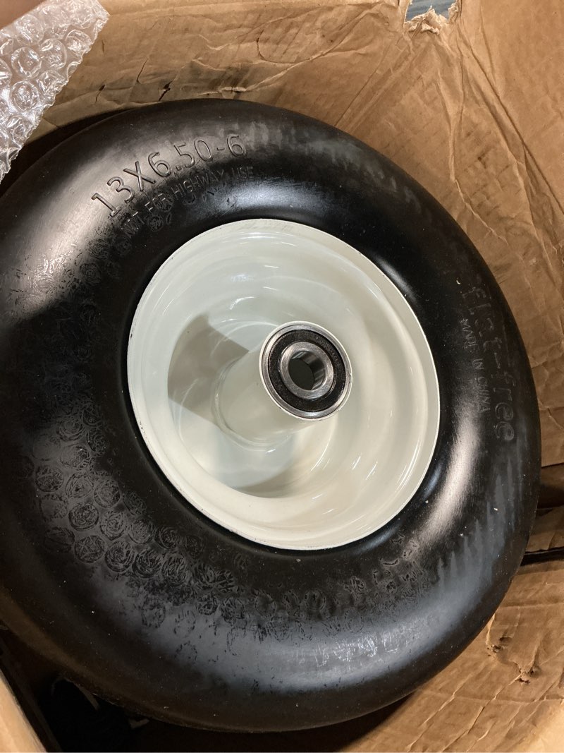 Condition photo showing As Is for ar-pro (2-pack) 13x6.50-6 flat free tire and wheel - universal 13x6.5-6 solid rubbe riding lawn mower tire with rim - with 5.5"-7.8” centered hub and 3/4" bearings extra 5/8" 1/2” bushings 13 x 6.50-6" flat-free white(smooth tread)