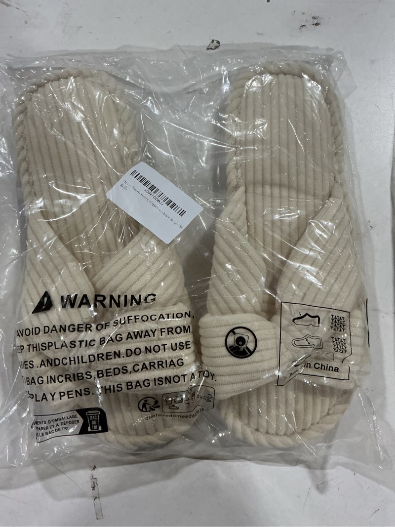 Condition photo showing Good Condition for Women's Open-Toe Winter Slippers with Bow - Cozy Plush Fleece House Shoes Non-Slip Indoor Slides Christmas Gift for Wife Mom Daughter 12-13 Beige