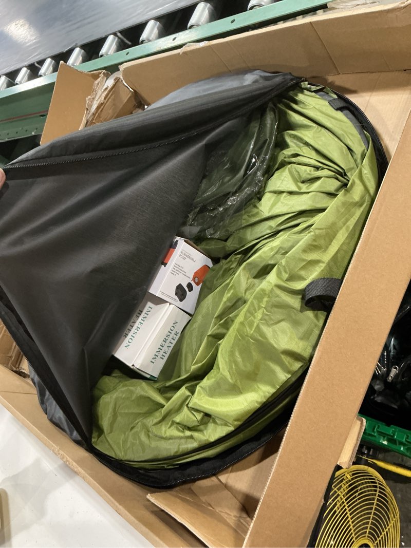 Condition photo showing New/Like New for portable camping shower, 6000mah rechargeable shower pump, large capacity foldable bucket, 6' 7" filtered shower head, summer beach, outdoor camp showering, hiking, pet bath, rv car wash, water plant 6.6 gallons with heater and tent green