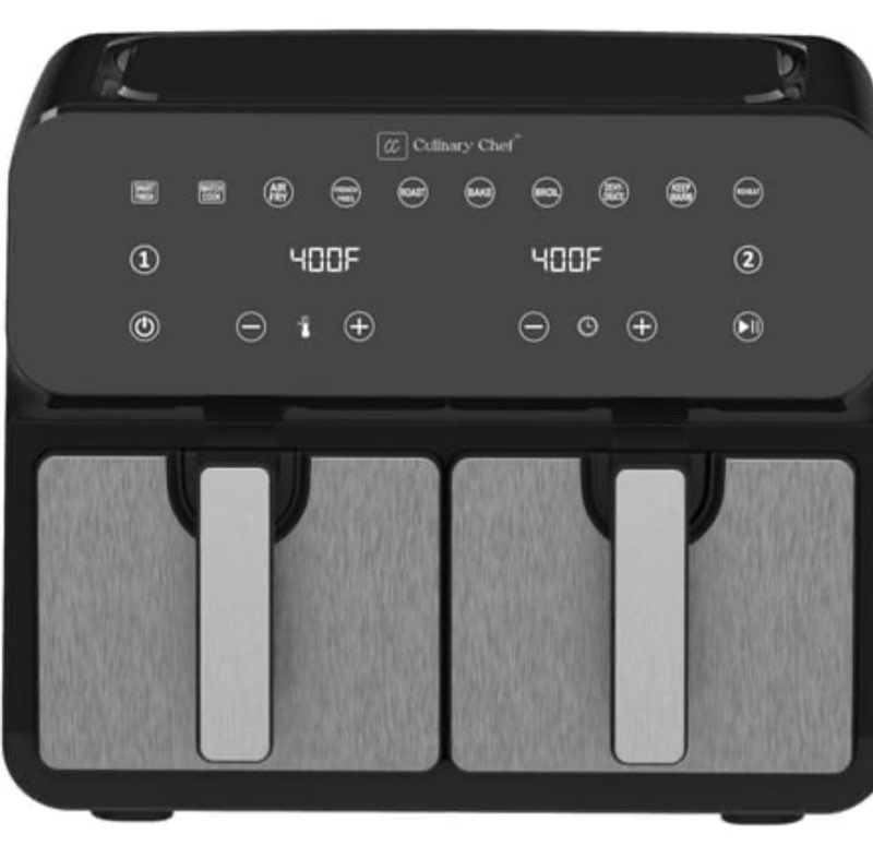 Culinary Chef 9.5-Quart Electric Air Fryer, Dual Basket (4.75qt*2), Adjustable Temperature, Touch Panel Control, One-Touch Cook Functions, and 360° Rapid Cooking, 1700 Watt Power