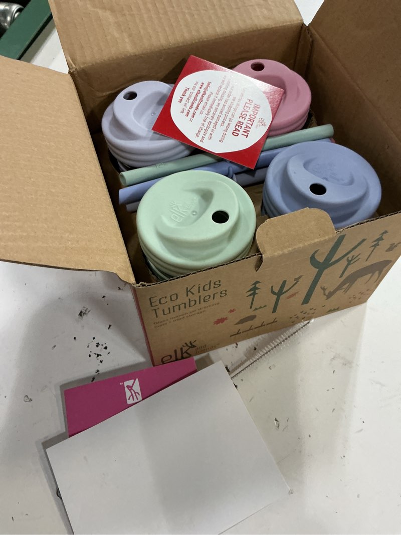 Condition photo showing Good Condition for elk and friends kids + toddler glass cups | the original 8oz glass mason jar with sleeves + lids | silicone straws + stopper | smoothie cup | food storage | spill resistant | dishwasher safe | 4 pack sage/blush/lilac/mistyblue 4 pack