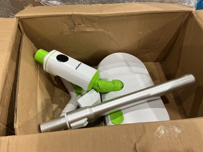Condition photo showing As Is for alfabot cordless electric mop, self-propelled dual-spin mop with led light & spray, 260ml tank 50 mins runtime, lightweight for hardwood tile cleaning up to 2700 sq.ft