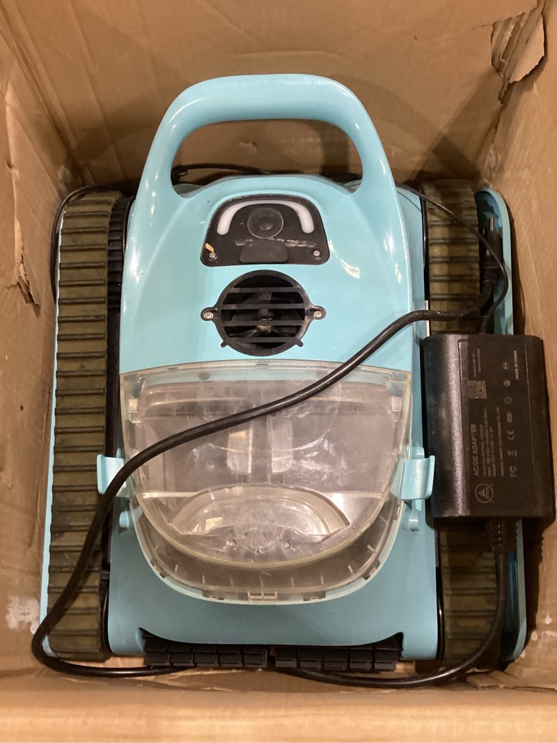 Condition photo showing As Is for pool vacuum for inground pools: cordless robot robotic pool cleaners with hook 180w suction auto vacuums wall climbing waterline scrubbing cleaning 150 mins long battery up to 2,000 sq.ft